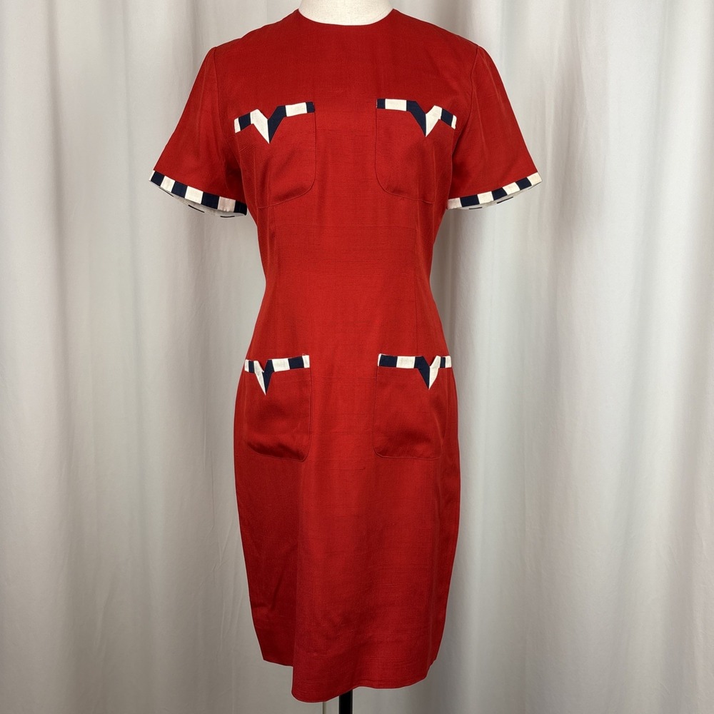 Gillian Red Silk Sheath Dress Short Sleeve Pocket Detail Vintage Size 4